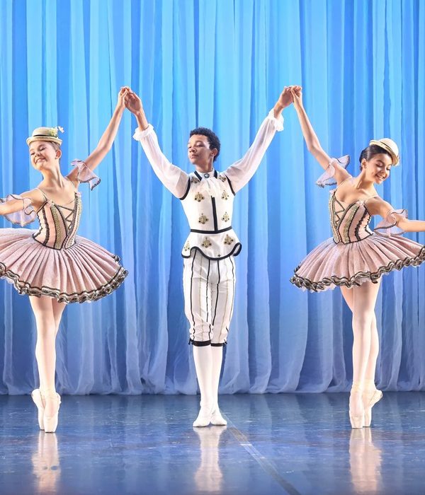 Três bailarinos de mãos dadas em cena, no palco, diante de uma cortina azul.