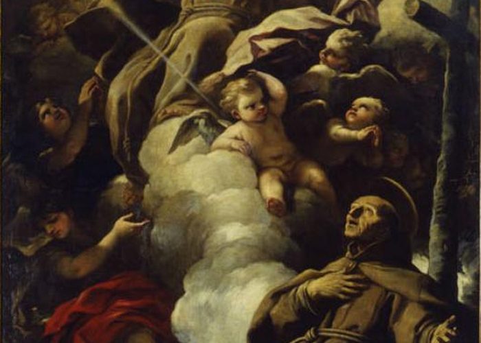 Pintura religiosa de São Pedro de Alcântara erguendo os braços entre nuvens e anjos.